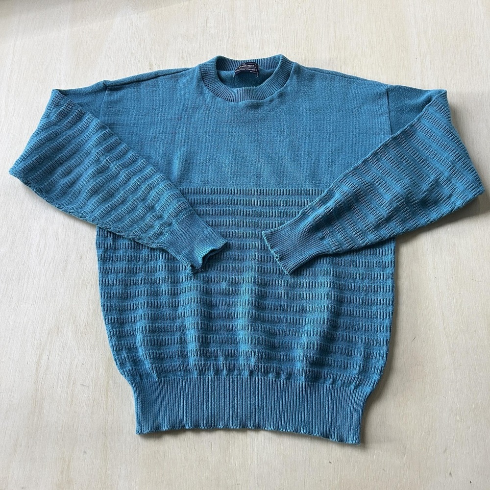Vintage Vantage Sweater Mens Large Blue Textured Knit Crewneck Pullover Made USA